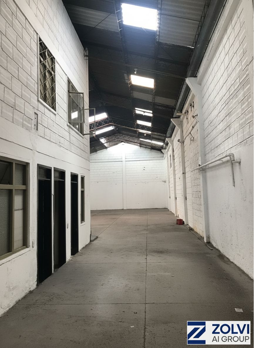 Portón de entrada doble altura bodega pequeña — acceso vehículos de carga