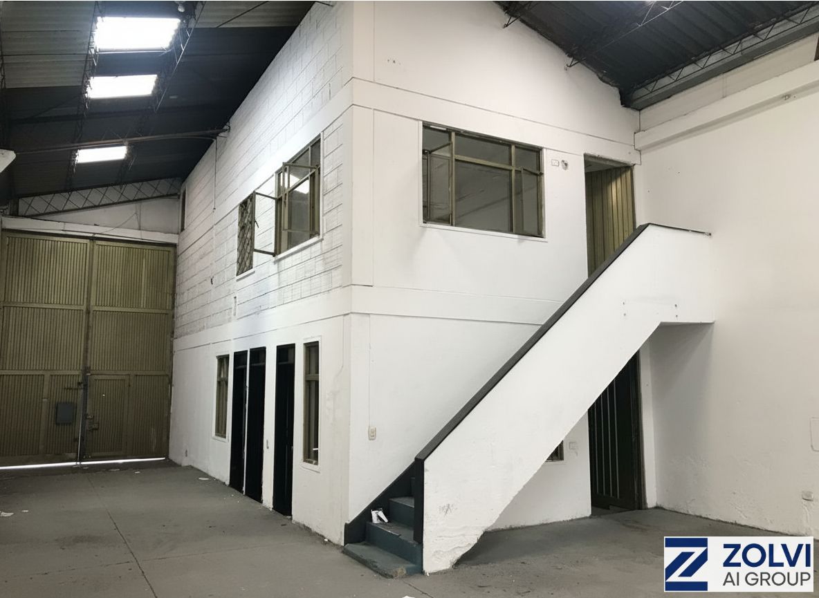 Interior bodega pequeña 281m² — totalmente techada, doble altura